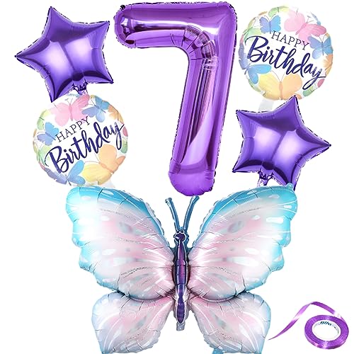 Liitata 7. Schmetterling Geburtstagsdeko Schmetterling Luftballon Set Lila Zahl 7 Folienballon Große Bunte Schmetterling Luftballon Happy Birthday Butterfly Ballon für Mädchen Geburtstag Party von Liitata
