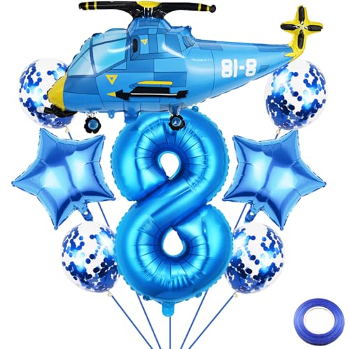 Liitata 8. Hubschrauber Geburtstags Party Deko Aeroplane Geburtstag Luftballon Set Blau Zahl 8 Folienballon Großes Hubschrauber Luftballon für Junge Geburtstag Party Deko von Liitata