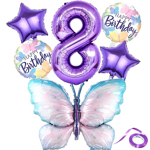 Liitata 8. Schmetterling Geburtstagsdeko Schmetterling Luftballon Set Lila Zahl 8 Folienballon Große Bunte Schmetterling Luftballon Happy Birthday Butterfly Ballon für Mädchen Geburtstag Party von Liitata