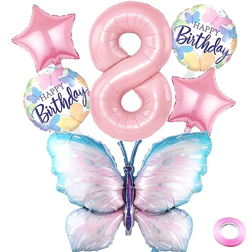 Liitata 8. Schmetterling Geburtstagsdeko Schmetterling Luftballon Set Rosa Zahl 8 Folienballon Große Bunte Schmetterling Luftballon Happy Birthday Butterfly Ballon für Mädchen Geburtstag Party von Liitata