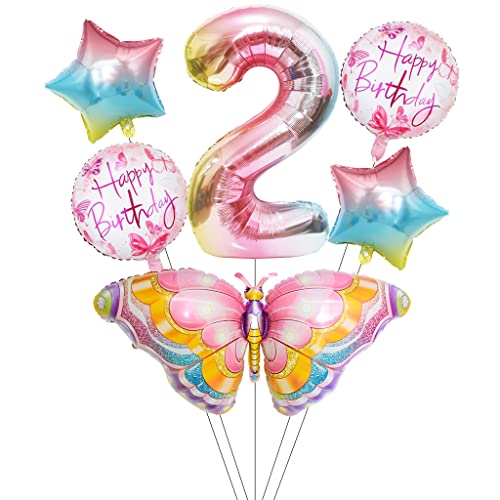 Liitata Schmetterling Luftballon Set 2. Kinder Geburtstag Deko Zahl 2 Folienballon Regenbogen Große Bunte Schmetterling Luftballon Happy Birthday Butterfly Ballon für Mädchen Geburtstag Party Deko von Liitata