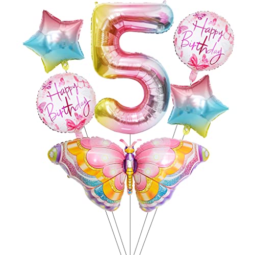 Liitata Schmetterling Luftballon Set 5. Kinder Geburtstag Deko Zahl 5 Folienballon Regenbogen Große Bunte Schmetterling Luftballon Happy Birthday Butterfly Ballon für Mädchen Geburtstag Party Deko von Liitata