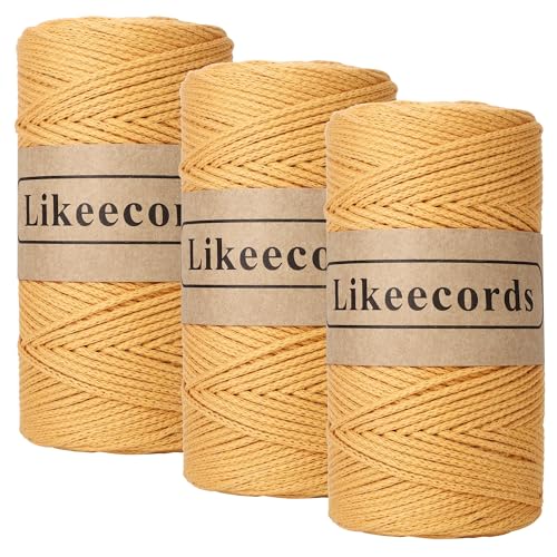 Likeecords 3 Rollen Wolle für Taschen häkeln 2mm x 170m,garn zum häkeln,makramee garn,baumwollgarn zum häkeln,100% Baumwolle Schlauchgarn for Knitting,Crochet, Weaving Gift （Gelb） von Likeecords