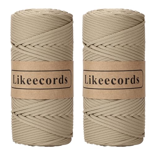 Likeecords 2 Rollen Makramee Garn 4mm x 130m Premium Polyester Kordelband Polypropylene Yarn Nylonschnur für Handwerk Häkelgarn für Taschen Wohndekorationen Umhängetasche Handtasche (Kaki) von Likeecords