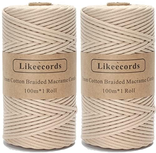 Likeecords 2 Rollen Makramee Garn Geflochten 3mm x 100m,100% Natürliches Baumwollschnur Makramee-Schnur, Makramee-Seil, Bunte Bastelkordel aus Baumwolle für Taschen, Wandbehänge(Aprikose) von Likeecords