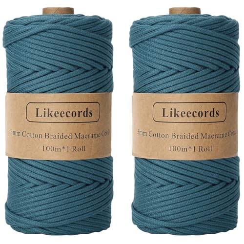 Likeecords 2 Rollen Makramee Garn Geflochten 3mm x 100m,100% Natürliches Baumwollschnur Makramee-Schnur, Makramee-Seil, Bunte Bastelkordel aus Baumwolle für Taschen, Wandbehänge (Blaugrün) von Likeecords