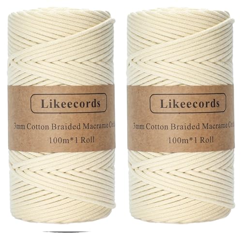 Likeecords 2 Rollen Makramee Garn Geflochten 3mm x 100m,100% Natürliches Baumwollschnur Makramee-Schnur, Makramee-Seil, Bunte Bastelkordel aus Baumwolle für Taschen, Wandbehänge (Cremeweiß) von Likeecords