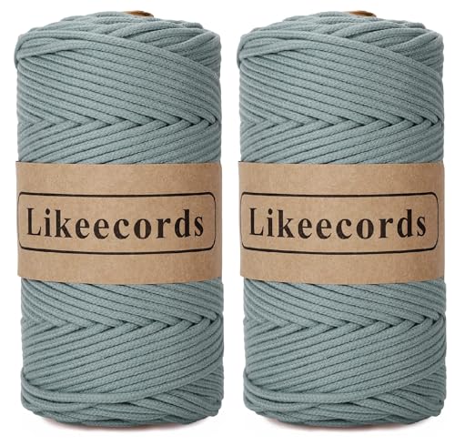 Likeecords 2 Rollen Makramee Garn Geflochten 3mm x 100m,100% Natürliches Baumwollschnur Makramee-Schnur, Makramee-Seil, Bunte Bastelkordel aus Baumwolle für Taschen, Wandbehänge (Graublau) von Likeecords