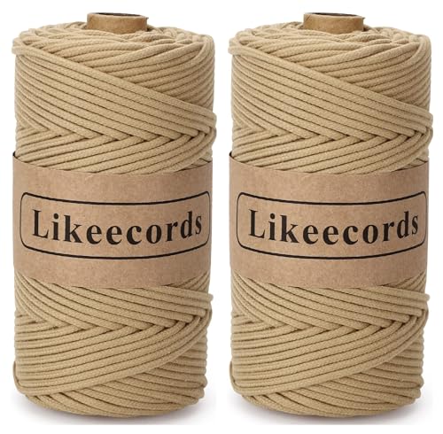 Likeecords 2 Rollen Makramee Garn Geflochten 3mm x 100m,100% Natürliches Baumwollschnur Makramee-Schnur, Makramee-Seil, Bunte Bastelkordel aus Baumwolle für Taschen, Wandbehänge (Khaki) von Likeecords