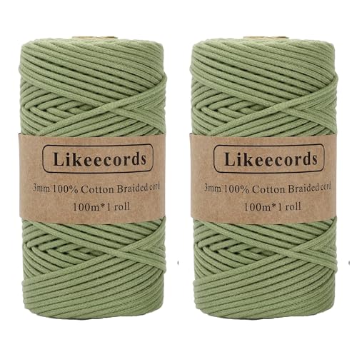 Likeecords 2 Rollen Makramee Garn Geflochten 3mm x 100m,100% Natürliches Baumwollschnur Makramee-Schnur, Makramee-Seil, Bunte Bastelkordel aus Baumwolle für Taschen, Wandbehänge (meergrün) von Likeecords