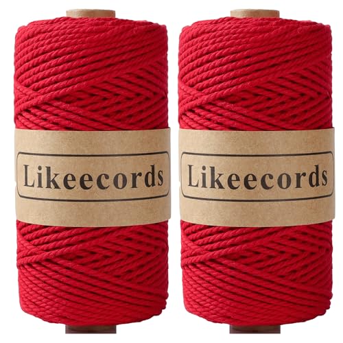 Likeecords 2 Rollen Makramee Schnur Baumwolle 3mm x 100m 3 Stränge gedreht, Makramee Seil, Makramee Schnur Baumwollgarn, Makramee Garn (Rot) von Likeecords