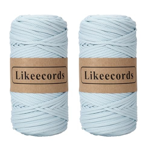 Likeecords 2 Rollen Makramee Garn 4mm x 130m Premium Polyester Kordelband Polypropylene Yarn Nylonschnur für Handwerk Häkelgarn für taschen Wohndekorationen Umhängetasche Handtasche （Baby Blue） von Likeecords