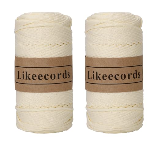 Likeecords 2 Rollen Makramee Garn 4mm x 130m Premium Polyester Kordelband Polypropylene Yarn Nylonschnur für Handwerk Häkelgarn für taschen Wohndekorationen Umhängetasche Handtasche （Bianco latteo） von Likeecords