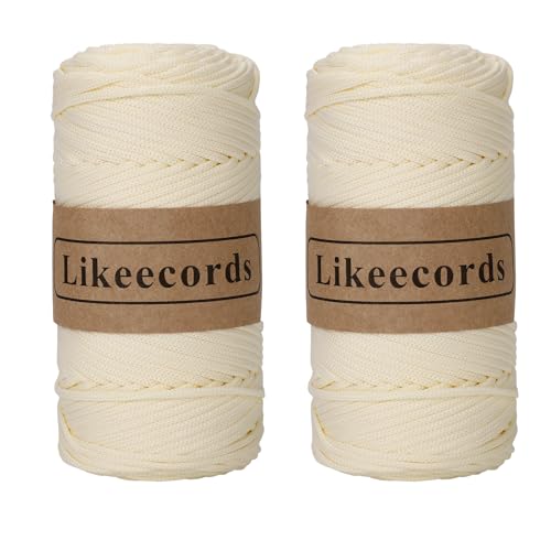 Likeecords 2 Rollen Poliestere Corda 4mm x 130m,Cordino Per Borse Uncinetto,Polipropilene Macrame Corda intrecciata,Macramè Filo per Appendiabiti per Fiori（Bianco latteo） von Likeecords