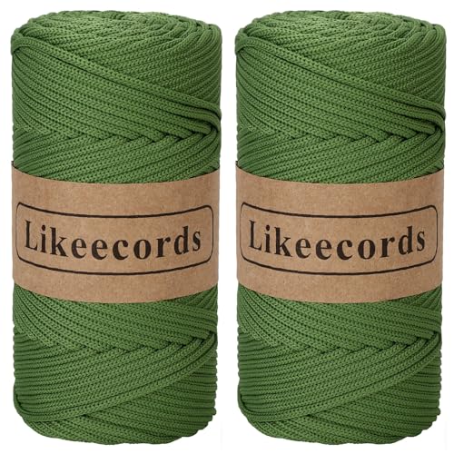 Likeecords 2 Rollen Makramee Garn 4mm x 130m Premium Polyester Kordelband Polypropylene Yarn Nylonschnur für Handwerk Häkelgarn für Taschen Wohndekorationen Umhängetasche Handtasche （Erba Verde） von Likeecords