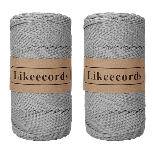 Likeecords 2 Rollen Makramee Garn 4mm x 130m Premium Polyester Kordelband Polypropylene Yarn Nylonschnur für Handwerk Häkelgarn für Taschen Wohndekorationen Umhängetasche Handtasche（Grigio） von Likeecords