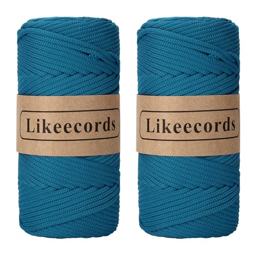Likeecords 2 Rollen Makramee Garn 4mm x 130m Premium Polyester Kordelband Polypropylene Yarn Nylonschnur für Handwerk Häkelgarn für Taschen Wohndekorationen Umhängetasche Handtasche （Peacock Blue） von Likeecords