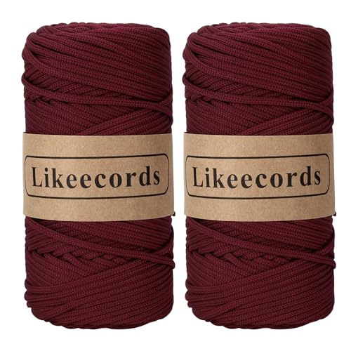 Likeecords 2 Rollen Makramee Garn 4mm x 130m Premium Polyester Kordelband Polypropylene Yarn Nylonschnur für Handwerk Häkelgarn für taschen Wohndekorationen Umhängetasche Handtasche（Rosso Scuro） von Likeecords