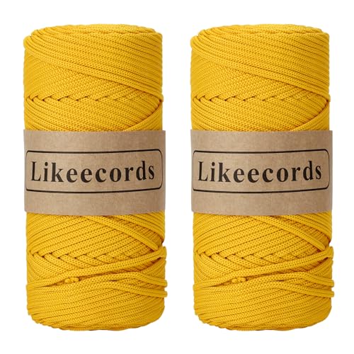 Likeecords 2 Rollen Makramee Garn 4mm x 130m Premium Polyester Kordelband Polypropylene Yarn Nylonschnur für Handwerk Häkelgarn für Taschen Wohndekorationen Umhängetasche Handtasche（Curcuma） von Likeecords