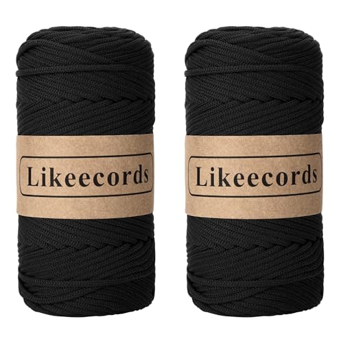 Likeecords 2 Rollen Makramee Garn 4mm x 130m Premium Polyester Kordelband Polypropylene Yarn Nylonschnur für Handwerk Häkelgarn für Taschen Wohndekorationen Umhängetasche Handtasche （Nero） von Likeecords