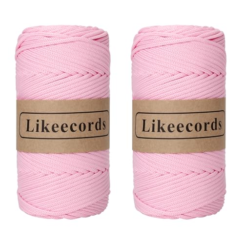 Likeecords 2 Rollen Makramee Garn 4mm x 130m Premium Polyester Kordelband Polypropylene Yarn Nylonschnur für Handwerk Häkelgarn für Taschen Wohndekorationen Umhängetasche Handtasche （Rosa） von Likeecords