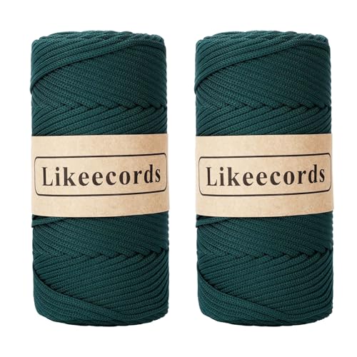Likeecords 2 Rollen Makramee Garn 4mm x 130m Premium Polyester Kordelband Polypropylene Yarn Nylonschnur für Handwerk Häkelgarn für Taschen Wohndekorationen Umhängetasche Handtasche （Verde Scuro） von Likeecords