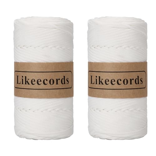 Likeecords 2 Rollen Makramee Garn 4mm x 130m Premium Polyester Kordelband Polypropylene Yarn Nylonschnur für Handwerk Häkelgarn für taschen Wohndekorationen Umhängetasche Handtasche（Bianco Puro） von Likeecords