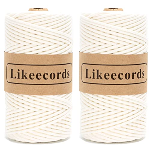 Likeecords 2 Stück geflochtene Makramee-Baumwollschnur 3 mm x 200 m, Makramee-Seil, 100 % Baumwollseil, bunte Baumwollkordel für Tasche, Wandbehang, Pflanzenaufhänger, Basteln, Stricken (reinweiß) von Likeecords