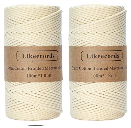 Likeecords 2 Stück geflochtene Makramee-Baumwollschnur 3 mmx200 m, Makramee-Seil, 100 % Baumwollseil, bunte Baumwollkordel für Tasche, Wandbehang, Basteln, Stricken (gebrochenes Weiß) von Likeecords