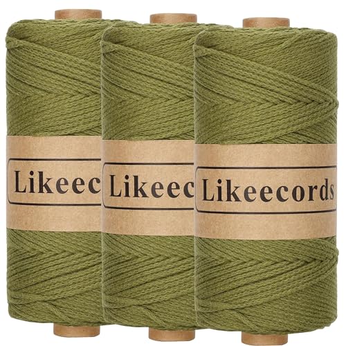 Likeecords 3 Rolle Wolle für Taschen häkeln 2mm x 170m,garn zum häkeln,makramee garn,baumwollgarn zum häkeln,100% Baumwolle Schlauchgarn for Knitting,Crochet, Weaving Gift （Military Green） von Likeecords