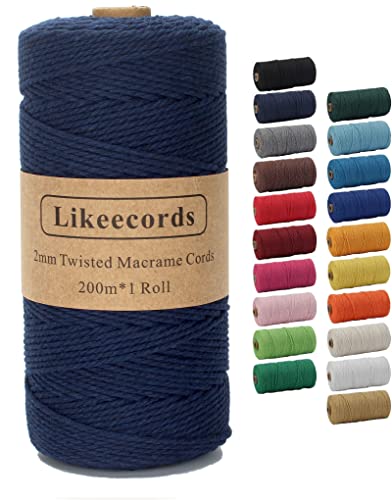 Likeecords Beige Makramee-Schnur 2 mm x 220 Yards, farbiges Makramee-Seil, Baumwollseil, Makramee-Garn, Bunte Baumwoll-Bastelschnur zum Aufhängen, Pflanzenaufhänger, Basteln, Stricken (Dunkelblau) von Likeecords