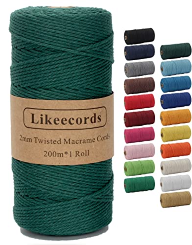 Likeecords Makramee Garn 2mm x 200m Baumwollgarn Makramee-Seil, Makramee-Schnur,Bunte Baumwoll-Bastelschnur zum Aufhängen Pflanzenaufhänger Basteln Stricken (Dunkelgrün) von Likeecords