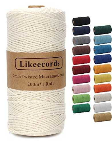 Likeecords Beige Makramee-Schnur 2 mm x 220 Yards, farbiges Makramee-Seil, Baumwollseil, Makramee-Garn, Bunte Baumwoll-Bastelschnur zum Aufhängen, Pflanzenaufhänger, Basteln, Stricken von Likeecords