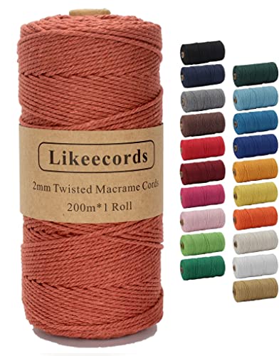 Likeecords Beige Makramee-Schnur 2 mm x 220 Yards, farbiges Makramee-Seil, Baumwollseil, Makramee-Garn, Bunte Baumwoll-Bastelschnur zum Aufhängen, Pflanzenaufhänger, Basteln, Stricken von Likeecords