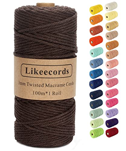 Likeecords Beige Makramee-Schnur 3 mm x 110 Yards, farbiges Makramee-Seil, Baumwollseil, Makramee-Garn, bunte Baumwoll-Bastelschnur zum Aufhängen, Pflanzenaufhänger, Basteln, Stricken (Dunkelbraun) von Likeecords