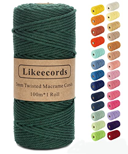 Likeecords Beige Makramee-Schnur 3 mm x 110 Yards, farbiges Makramee-Seil, Baumwollseil, Makramee-Garn, bunte Baumwoll-Bastelschnur zum Aufhängen, Pflanzenaufhänger, Basteln, Stricken (Dunkelgrün) von Likeecords