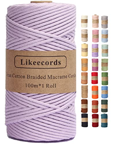 Likeecords Makramee Garn Geflochten 3mm x 100m,100% Natürliches Baumwollschnur Makramee-Schnur, Makramee-Seil, Bunte Bastelkordel aus Baumwolle für Taschen, Wandbehänge, Pflanzenaufhänger (lila Farbe) von Likeecords