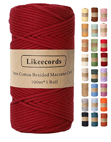 Likeecords Makramee Garn Geflochten 3mm x 100m,100% Natürliches Baumwollschnur Makramee-Schnur, Makramee-Seil, bunte Bastelkordel aus Baumwolle für Taschen, Wandbehänge, Pflanzenaufhänger (Dunkel rot) von Likeecords