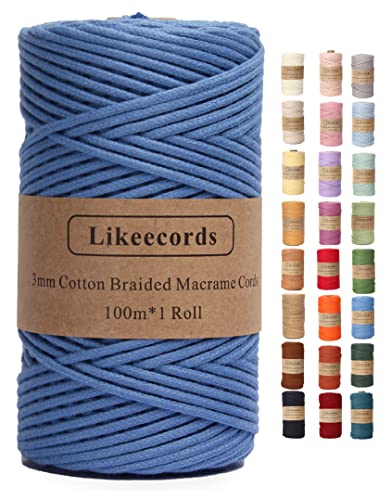 Likeecords Makramee Garn Geflochten 3mm x 100m,100% Natürliches Baumwollschnur Makramee-Schnur, Makramee-Seil, bunte Bastelkordel aus Baumwolle für Taschen, Wandbehänge, Pflanzenaufhänger (blau) von Likeecords