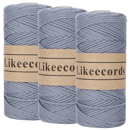 Likeecords Häkelgarn aus 100 % Baumwolle, 3 Rollen/Packung, 2 mm x 510 m, Makramee-Schnur, grobes Garn zum Häkeln von Handtaschen, Geldbörsen, Decken, Bastelprojekten (grau) von Likeecords