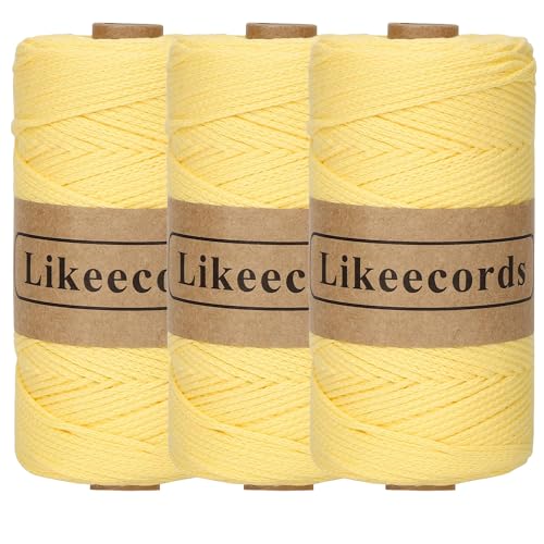 Likeecords 3 Rollen wolle für taschen häkeln 2mm x 170m,garn zum häkeln,makramee garn,baumwollgarn zum häkeln,100% Baumwolle Schlauchgarn for Knitting,Crochet, Weaving Gift （Zitronengelb） von Likeecords