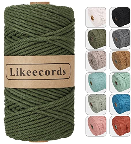 Likeecords Makramee Garn 4mm x 100m,Natürliches Baumwollschnur, Makramee-Seil, Bunte Bastelkordel aus Baumwolle für Taschen, Wandbehänge, Pflanzenaufhänger (Militärgrün) von Likeecords