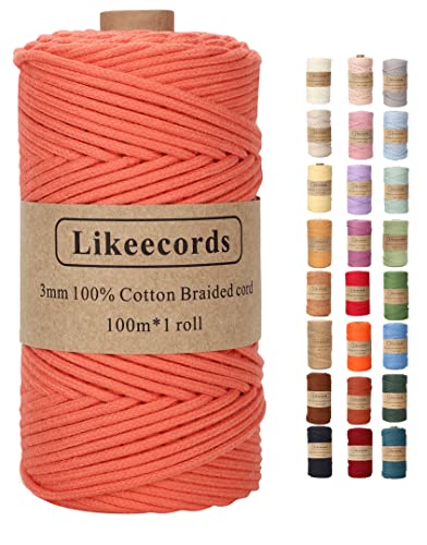 Likeecords Makramee Garn Geflochten 3mm x 100m,100% Natürliches Baumwollschnur Makramee-Schnur, Makramee-Seil, bunte Bastelkordel aus Baumwolle für Taschen, Wandbehänge, Pflanzenaufhänger (Orange Rot) von Likeecords