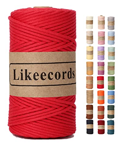 Likeecords Makramee Garn Geflochten 3mm x 100m,100% Natürliches Baumwollschnur Makramee-Schnur, Makramee-Seil, Bunte Bastelkordel aus Baumwolle für Taschen, Wandbehänge, Pflanzenaufhänger (rot) von Likeecords