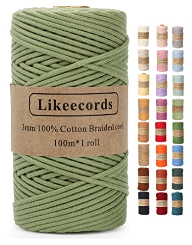 Likeecords Makramee Garn Geflochten 3mm x 100m,100% Natürliches Baumwollschnur Makramee-Schnur, Makramee-Seil, bunte Bastelkordel aus Baumwolle für Taschen, Wandbehänge, Pflanzenaufhänger (meergrün) von Likeecords