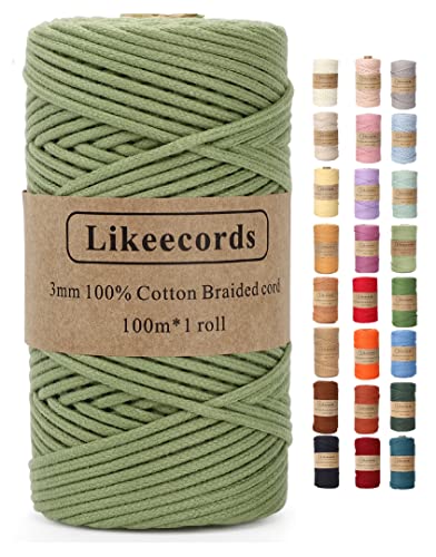 Likeecords Makramee Garn Geflochten 3mm x 100m,100% Natürliches Baumwollschnur Makramee-Schnur, Makramee-Seil, Bunte Bastelkordel aus Baumwolle für Taschen, Wandbehänge, Pflanzenaufhänger (meergrün) von Likeecords