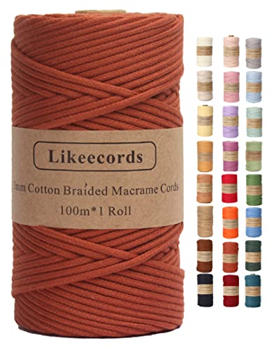 Likeecords Makramee Garn Geflochten 3mm x 100m,100% Natürliches Baumwollschnur Makramee-Schnur, Makramee-Seil, Bunte Bastelkordel aus Baumwolle für Taschen, Wandbehänge, Pflanzenaufhänger (Rostrot) von Likeecords