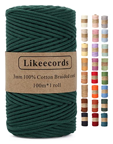 Likeecords Makramee Garn Geflochten 3mm x 100m,100% Natürliches Baumwollschnur Makramee-Schnur, Makramee-Seil, bunte Bastelkordel aus Baumwolle für Taschen, Wandbehänge, Pflanzenaufhänger (dunkelgrün) von Likeecords