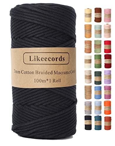 Likeecords Makramee Garn Geflochten 3mm x 100m,100% Natürliches Baumwollschnur Makramee-Schnur, Makramee-Seil, Bunte Bastelkordel aus Baumwolle für Taschen, Wandbehänge, Pflanzenaufhänger (schwarz) Likeecords Makramee Garn Geflochten 3mm x 100m,100% Natürliches Baumwollschnur Makramee-Schnur, Makramee-Seil, Bunte Bastelkordel aus Baumwolle für Taschen, Wandbehänge, Pflanzenaufhänger (schwarz) von Likeecords