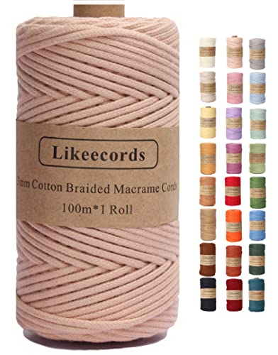 Likeecords Makramee Garn Geflochten 3mm x 100m,100% Natürliches Baumwollschnur Makramee-Schnur, Makramee-Seil, Bunte Bastelkordel aus Baumwolle für Taschen, Wandbehänge (fleischig rosa) von Likeecords